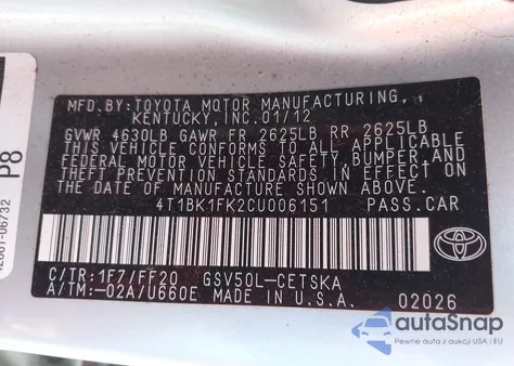 2012 Toyota Camry Se V6 из США, поврежденный, VIN 4T1BK1FK2CU006151